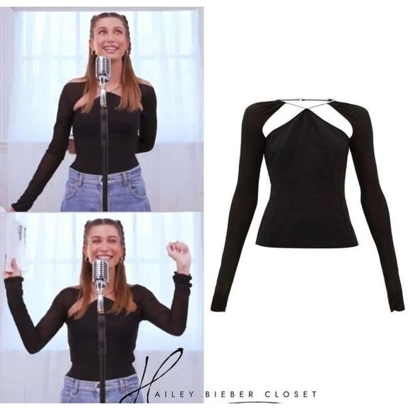 Nensi Dojaka Womens Large Black Sheer Long Sleeve Cutout Top Blouse - Picture 2 of 12